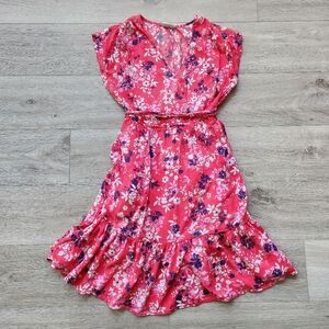 GAP Floral Pink Dress Womens Small Short Sleeves Fabric Tie Belt Ruffle